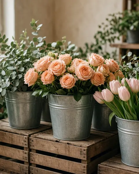 Buckets of fresh roses, tulips and eucalyptus in a small florist shop