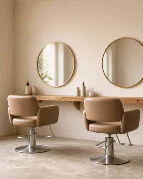 Bright hair salon with two empty styling chairs facing round mirrors