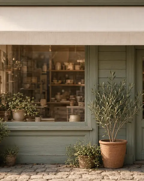 Painted wooden shopfront with potted plants on a quiet street