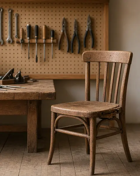 Repair workshop bench with hand tools on a pegboard and a wooden chair